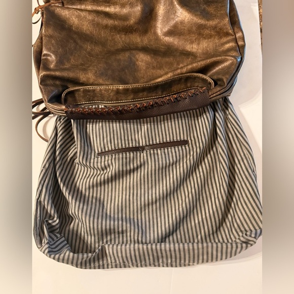 Shomico Brown Metallic PU Leather Fringe Detail Boho Zipper Shoulder Bag Large - Picture 12 of 15